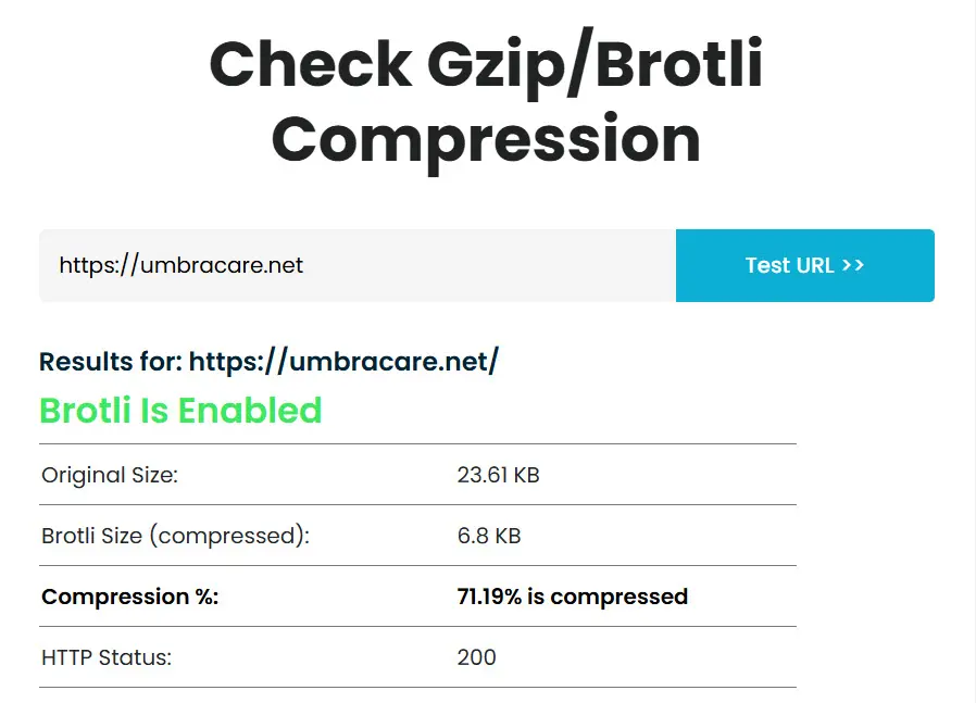 "Brotli Checker interface showing website URL input and compression status, helping optimize site speed and performance."